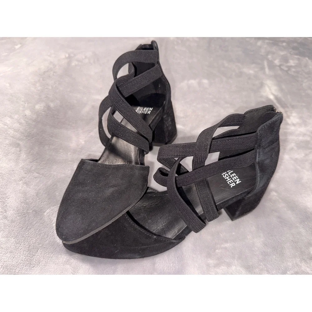 Eileen Fisher Black Suede Pointed Toe Elastic Strap Block Heel‎ Pumps Size 5 NEW